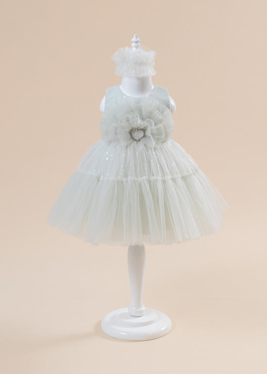 Ceremony Dress in Green Tulle with Ruffled Pics on Bust and Heart 2998 Mon Princess