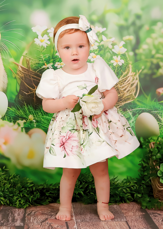 Daria Elegant Dress Cotton Cream With Pink Flowers AnneBebe