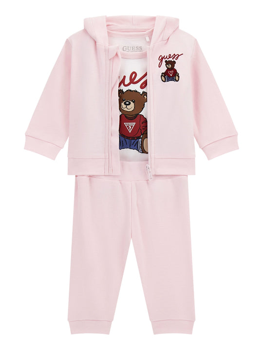 Trening Bumbac 3 Piese Roz Hanorac si Pantaloni Bluza Alba cu Urs H5YW12 KA6W4 G6K9 Guess