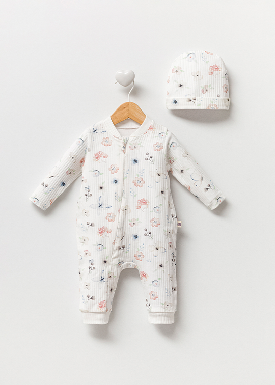 Girls' Casual Long Jumpsuit Ivory Made of Organic Cotton with Salmon Flowers Zipper Closure and Frill 3026 Bubbles