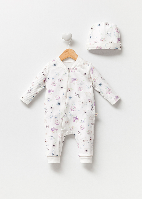 Girls' Casual Long Jumpsuit Ivory Made of Organic Cotton with Lilac Flowers and Fringe Zipper Closure 3026 Bubbles