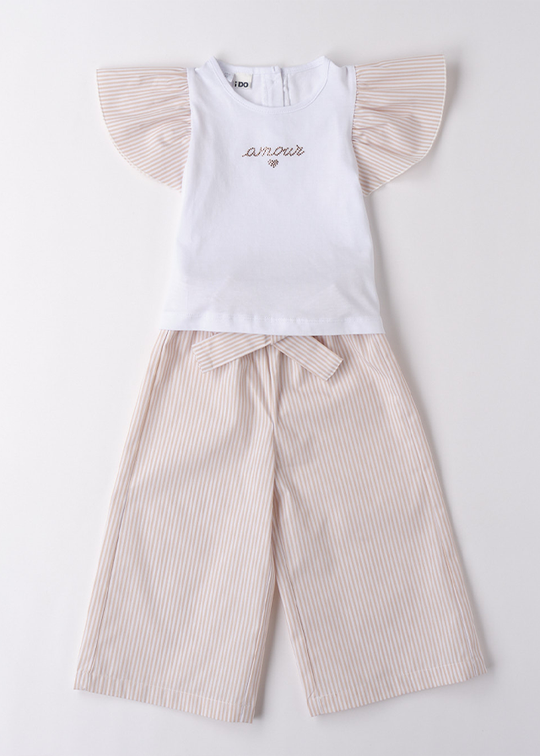 2 Piece Set White T-Shirt With Beige Striped Sleeves And Beige Striped Long Pants 4B308.00 iDO