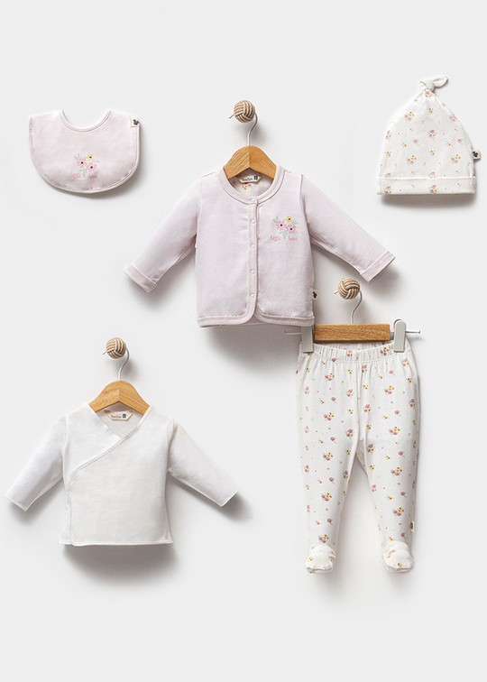 Newborn Set 5 Pieces Little Love White-Pink With Flowers 0005.0003-A 0-3 months FUNNABABY