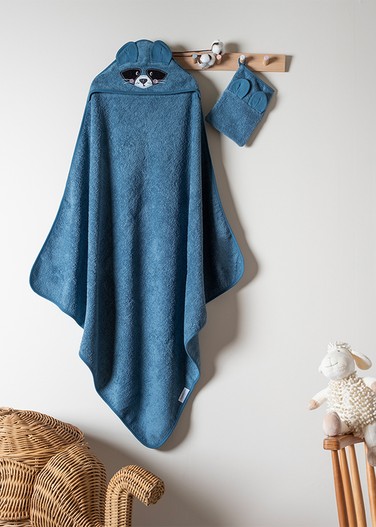 Hooded Towel and Bath Mitt Set Navy Blue 90x90 cm 8919 FUNNABABY