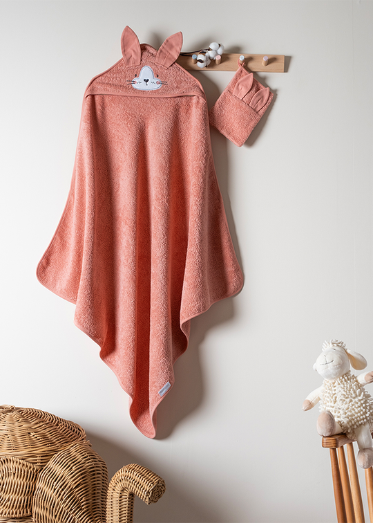 Coral Hooded Towel and Bath Mitten Set 90x90 cm 8913 FUNNABABY