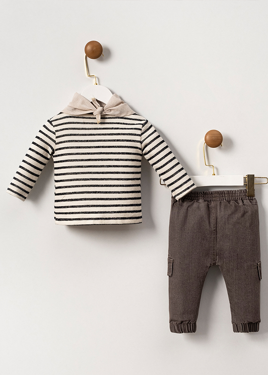 Set of 2 Casual Boys Cotton Cream Striped Blouse and Gray Long Pants 3577 Mino Baby