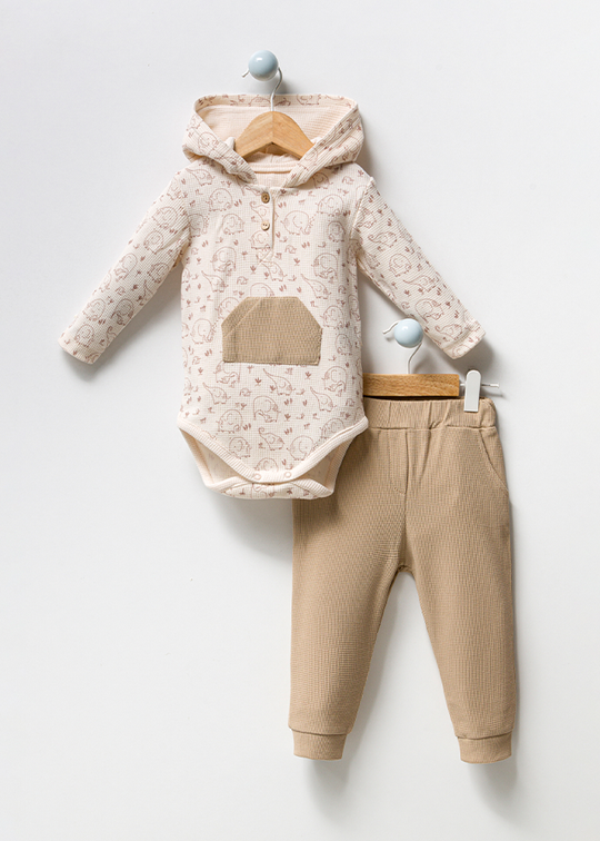 2 Piece Casual Set for Boys Made of Organic Cotton Cream Bodysuit with Elephant Hood and Beige Long Pants 3040 Bubbles