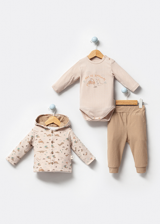 3 Piece Casual Set for Boys Made of Organic Cotton Cream Sweatshirt with Dinosaurs Bodysuit and Beige Long Pants 3006 Bubbles