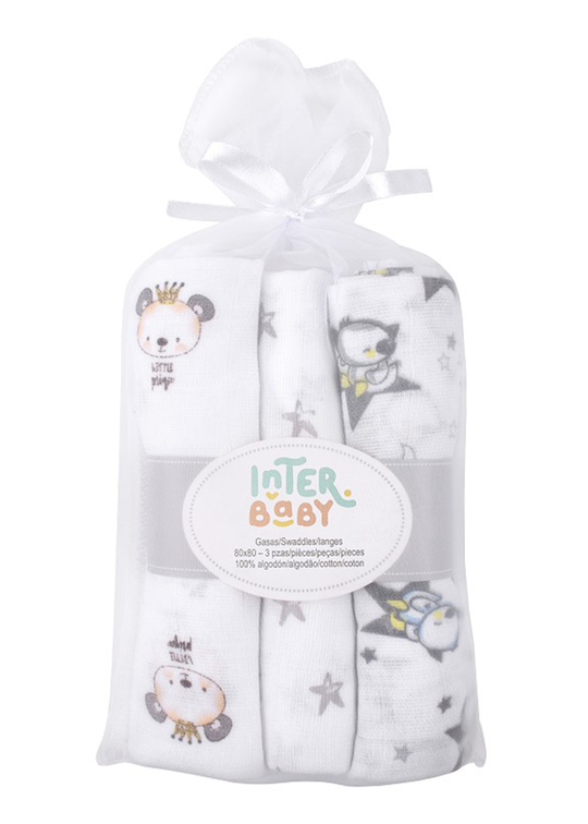 Set of 3 White Muslin Diapers With Gray Dots 80x80 Cm 99980-31 Don Algodon