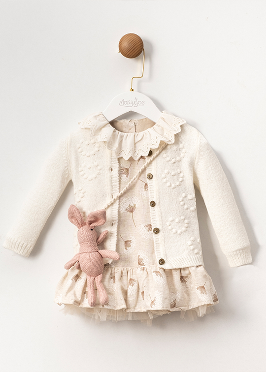 Elegant Set for Girls Beige Dress with Knitted Cardigan and Bunny Accessory MJ104