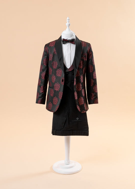 Costum Ceremonie 5 Piese Brocard Negru Guler Grena 1801 LaKids