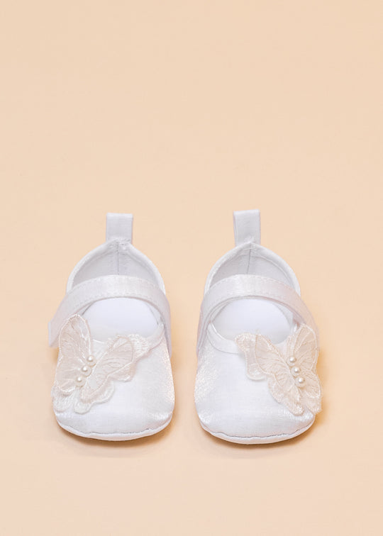 Balerini Saten Alb cu Fluture si Perle 231214 Sinderella