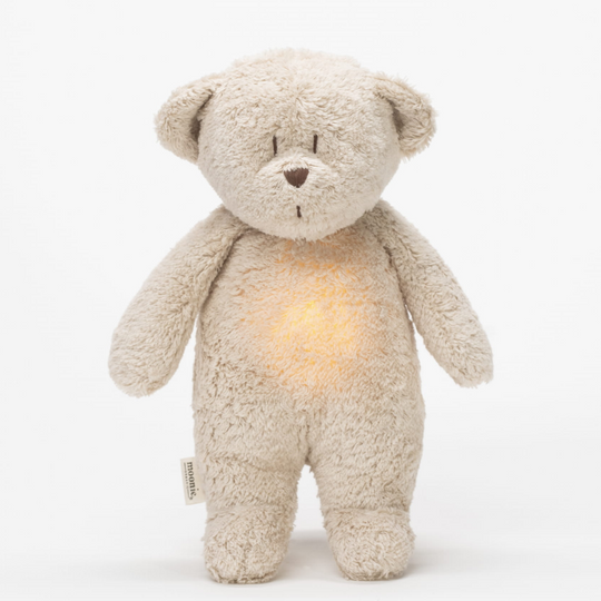 Ursulet Bumbac Organic Jucarie Muzicala cu Lampa de Veghe Incorporata Crem Sand Bej Moonie 2.0