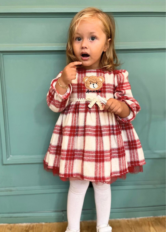 Body Type Dress in Red Plaid Fabric with Long Sleeves, Bear Print and Cord 3351 Cumino