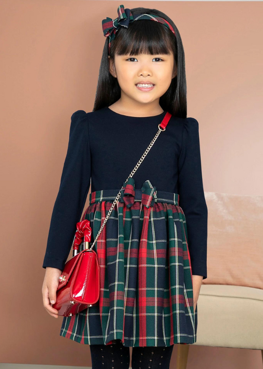 Navy Blue Bust Long Sleeve Dress and Red/Green Plaid Skirt 5531 Abel & Lula