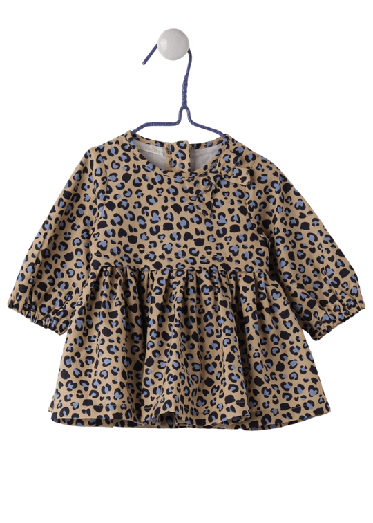 Long Sleeve Cotton Dress, Beige with Blue Leopard Print 7749 Miniband