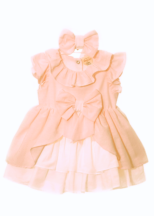 Pink Dress With Ruffle At Collar & Bow At Waist With Headband M0434