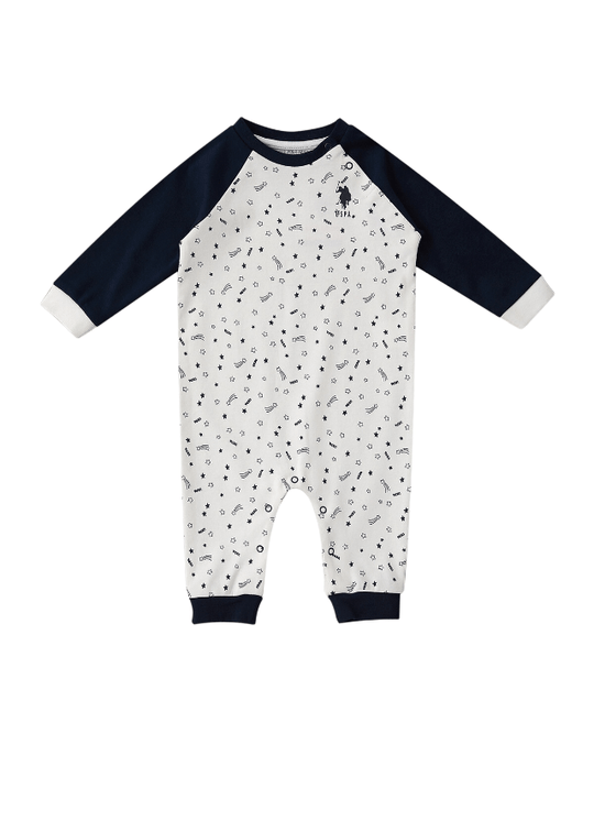 Salopeta Crem din Bumbac cu Imprimeu Stele si Maneci Bleumarin pentru Baietei USB1429 Us Polo Assn
