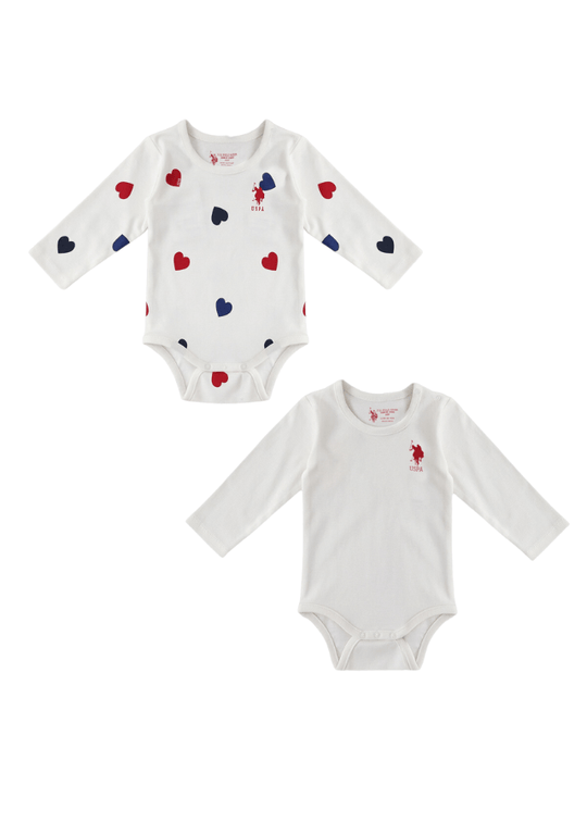Набір із 2 дівчачих боді з довгим рукавом кольору слонової кістки, червоного та темно-синього кольору з принтом серця USB1638 Us Polo Assn