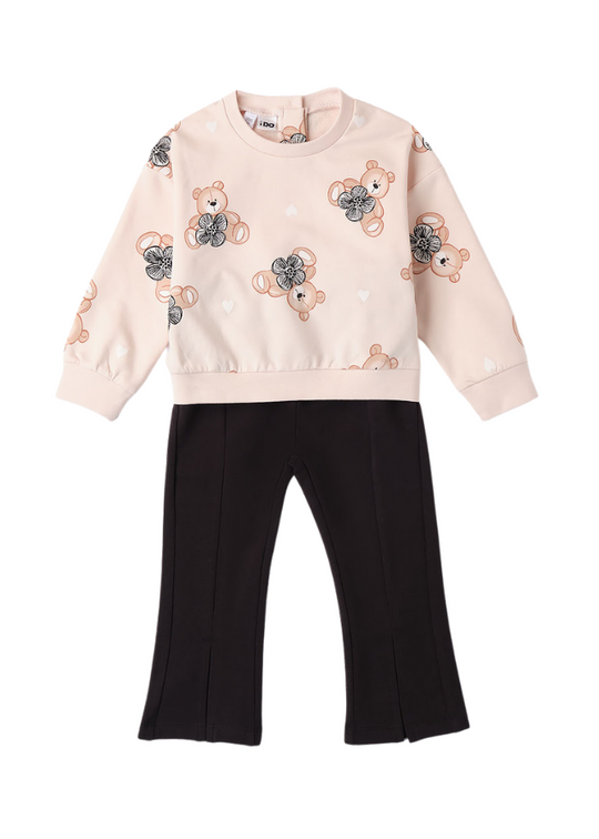 Set 2 Piese, Bluza Roz cu Imprimeu Ursi si Pantaloni Negri Evazati 8288 iDO