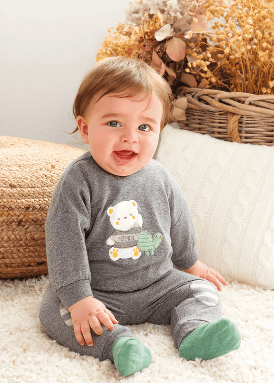 Set 2 Piese pentru Baietei, Pantaloni si Bluza Sport Gri cu Urs 7639 Minibanda