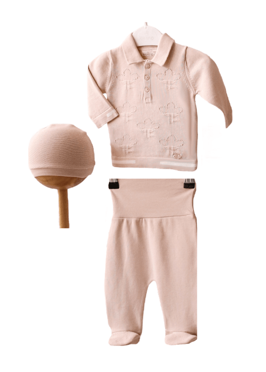 Set 3 Piese Bluza Tricotata cu Guler Pantaloni si Fes Baietei Bej Bumbac 10817 Leo King