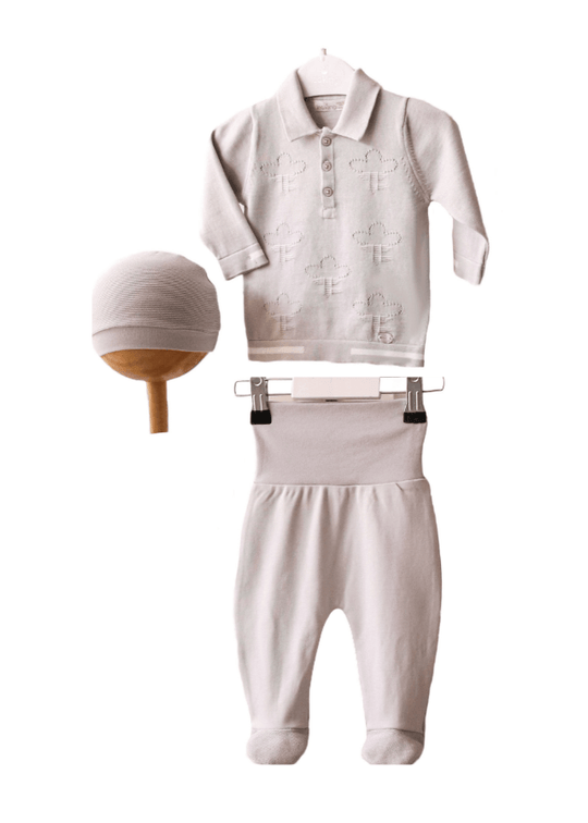 Set 3 Piese Bluza Tricotata cu Guler Pantaloni si Fes Gri Bumbac 10817 Leo King