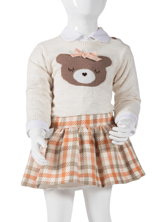 Set Beige Sweater with Bear White Shirt Plaid Fabric Skirt and Tracksuit for Girls 13851 Bebus