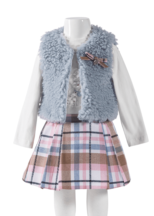Set Fur Vest, Cream Blouse and Blue/Pink Plaid Fabric Skirt for Girls 13875 Bebus