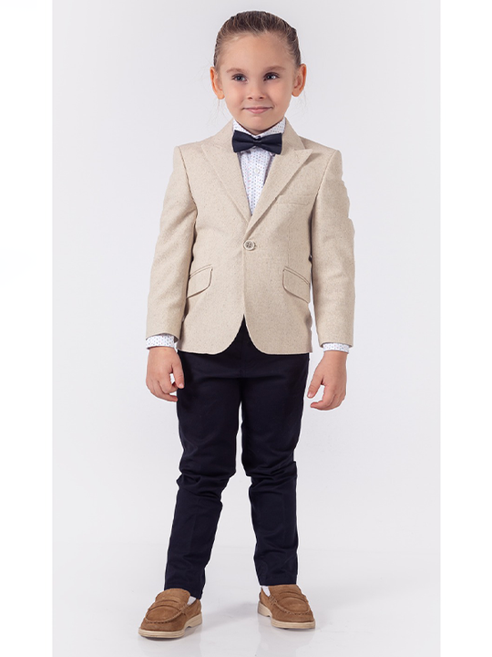 Costum Sacou Din In Bej camasa Imprimeu Colorat Pantaloni & Papion Baieti 9827 Lemon