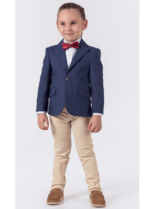 Costum Sacou Bleumarin Camasa Imprimeu Colorat Pantaloni Bej & Papion Baieti 9826 Lemon