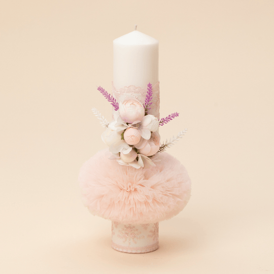 Lumanare Groasa Dantela Roz & Buchet Flori Roz Botez Fete AnneBebe