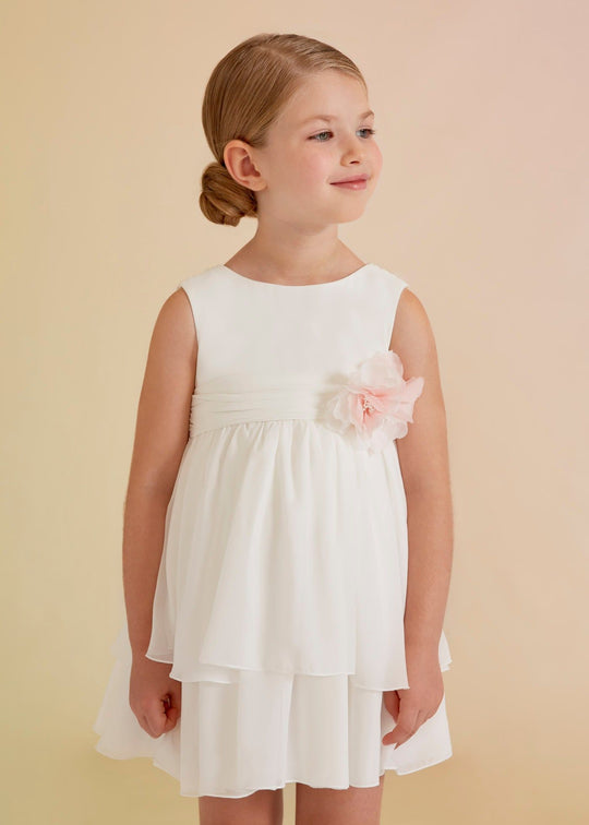 White Chiffon Dress With Ruffles & Drawstring With Flowers Salmon Waist Girls 5030 Abel & Lula