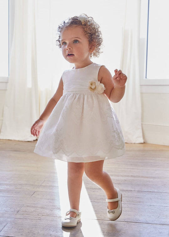 White Organza Flower Embroidery Dress With Drawstring Waist For Girls 5013 Abel & Lula