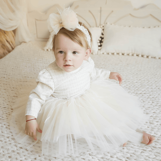 Elegant Dress for Girls Adelina Cream Velvet Embroidered Tulle With Flakes AnneBebe