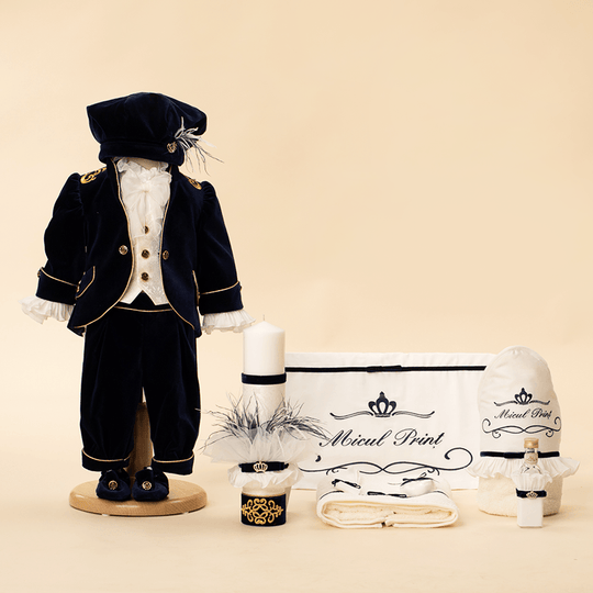 Small Print Christening Set 3 Pieces, Suit, Suit and Customizable Candle AnneBebe Boys