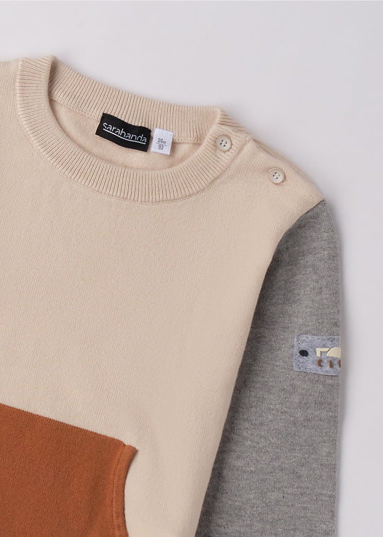 Pulover Baieti Crem Cu Maneci Gri Si Buzunar Maro 0.F100/00 Sarabanda