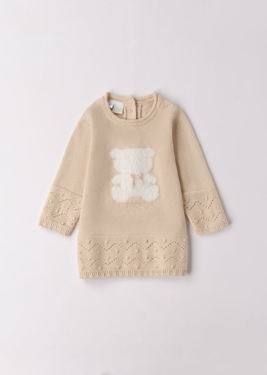 Rochita Fetite Maneca Lunga Tricotata Bej Cu Urs 4.F100/00 iDO