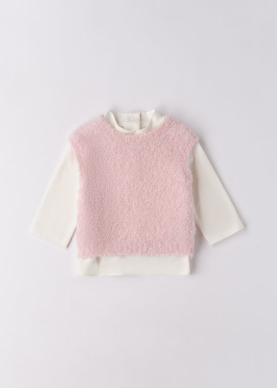 Set 2 Piese Fetite Bluza Crem Maneca Lunga si Vesta Tricotata Roz 3.F777/K1 Minibanda