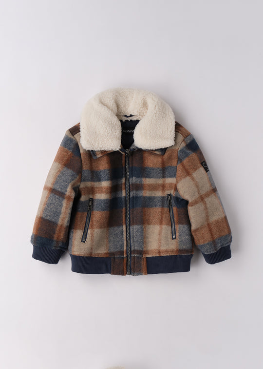 Jacheta stofa carouri bleumarin cu guler blana art 0.F186/00 col 3656 Sarabanda