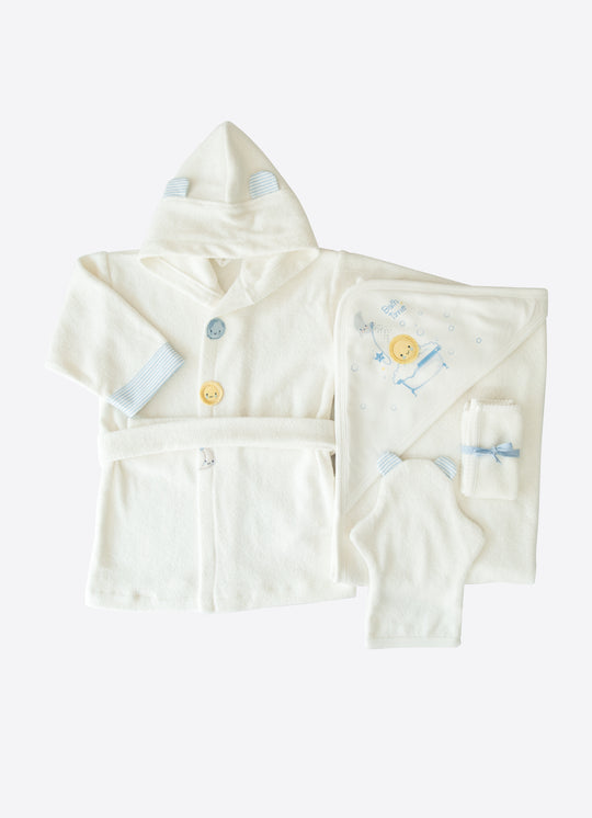 Set de Baie cu Halat si Prosop Alb cu Bleu din Bumbac Organic pentru Baieti S26319 – KitiKate