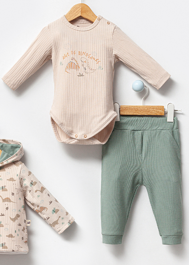 3-Piece Set Boys Casual Cotton Sweatshirt Cream With Dinosaurs Bodysuit And Green Long Pants 3006 Bubbles