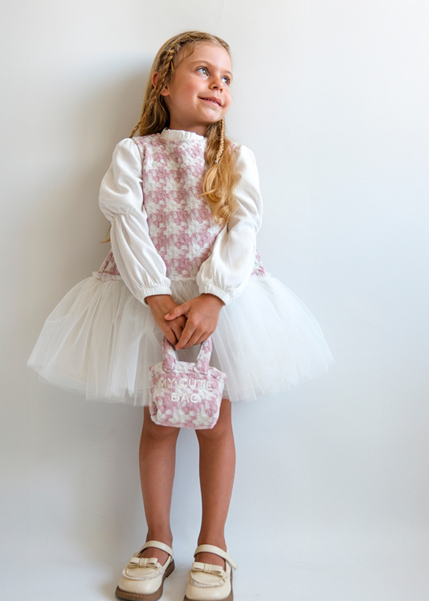 Set Sarafan Stofa Roz cu Tull, Camasa Alba si Poseta 3768 Mino Baby