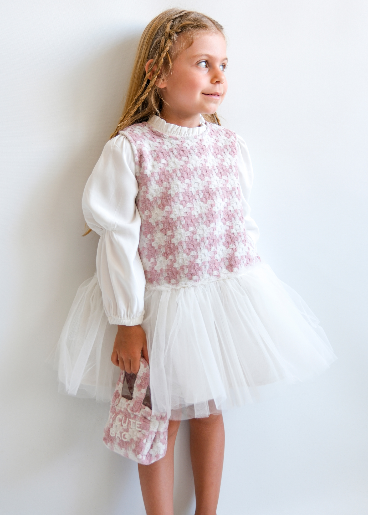 Set Sarafan Stofa Roz cu Tull, Camasa Alba si Poseta 3768 Mino Baby