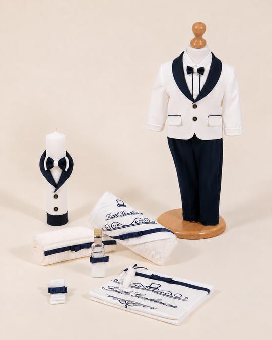 Set Botez Domenico 3 Piese, Costum, Trusou si Lumanare Personalizat Botez AnneBebe