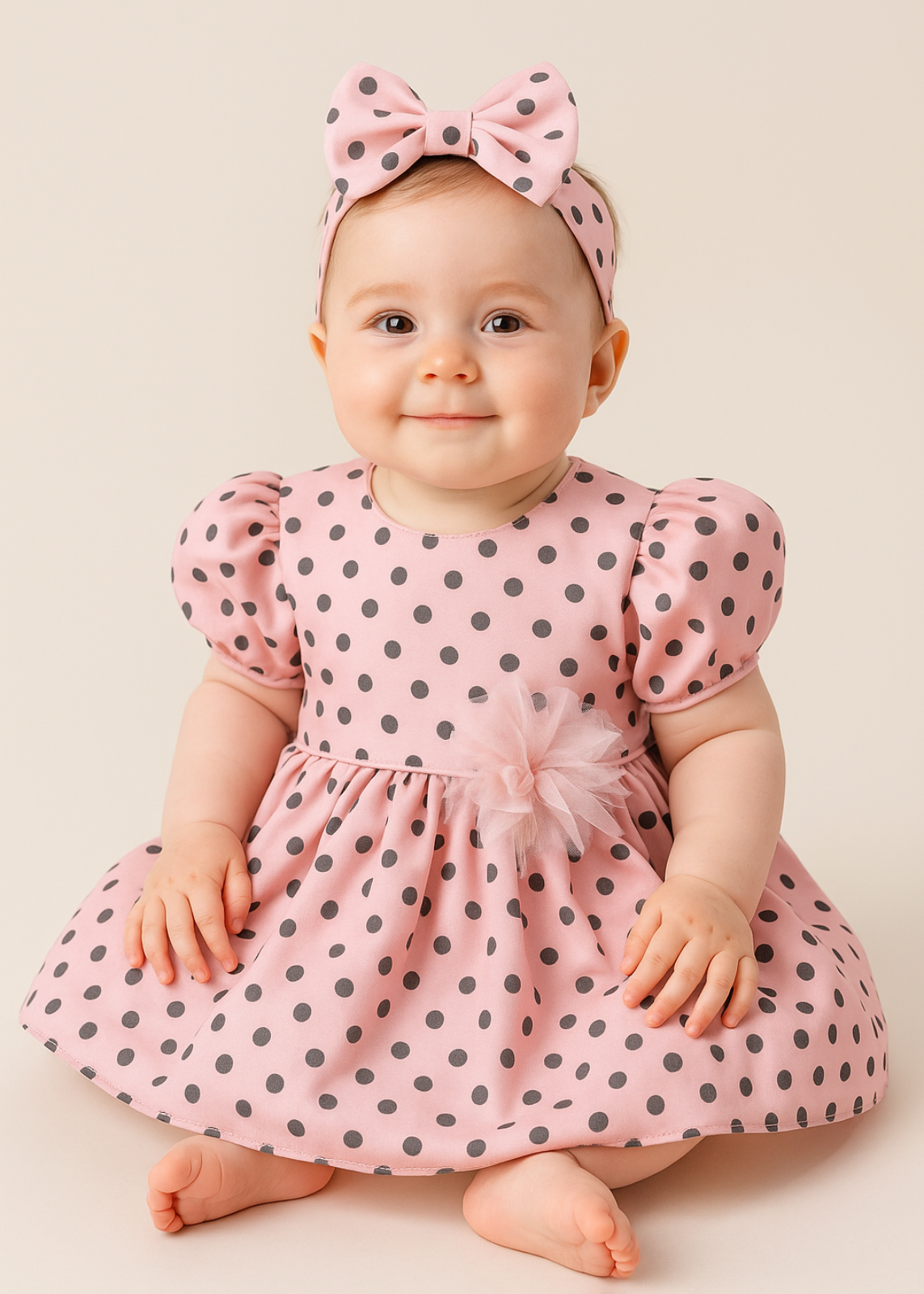 Rochita Eleganta Matase Roz Buline Negre AnneBebe