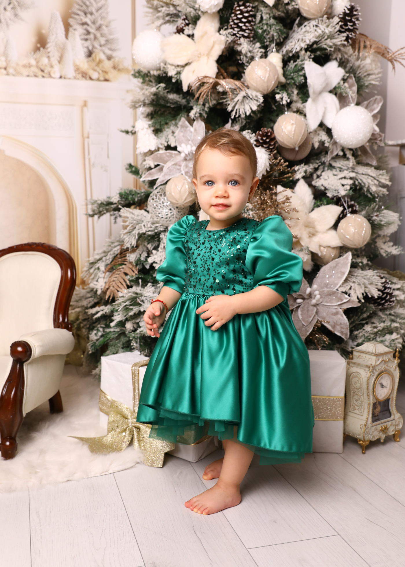 Elegant Olivia Green Dress with Train and Bow AnneBebe