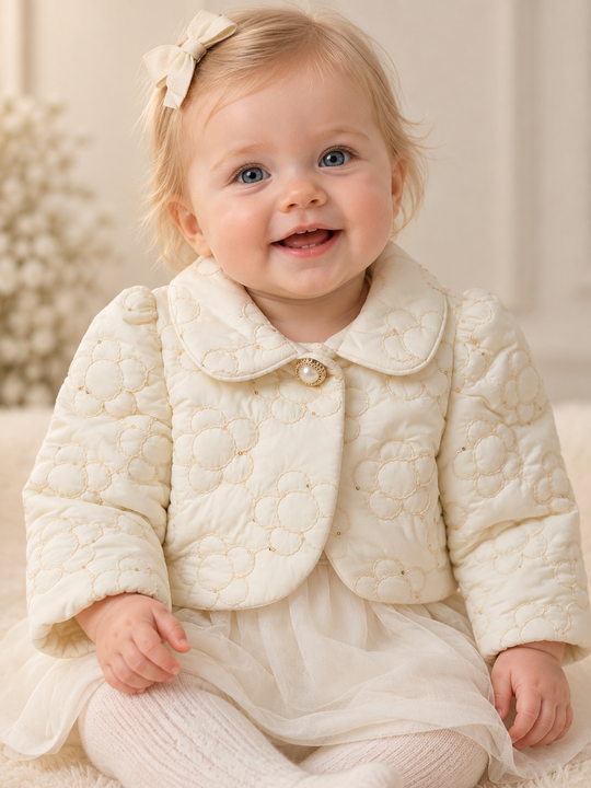 Bolero Matlasat Crem Broderie Floricele Si Paiete Aurii