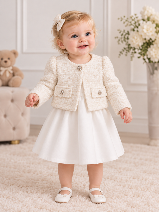 Bolero Tip Chanel Crem Cu Perlute La Buzunare AnneBebe