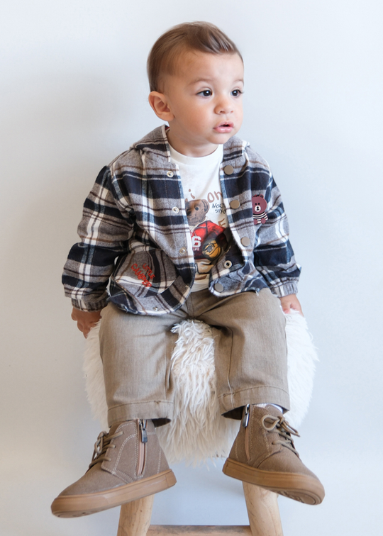 Set 3 Piese Camasa Stofa Carouri Bleumarin cu Bej, Pantaloni Lungi Bej si Bluza Crem 3744 Mino Baby